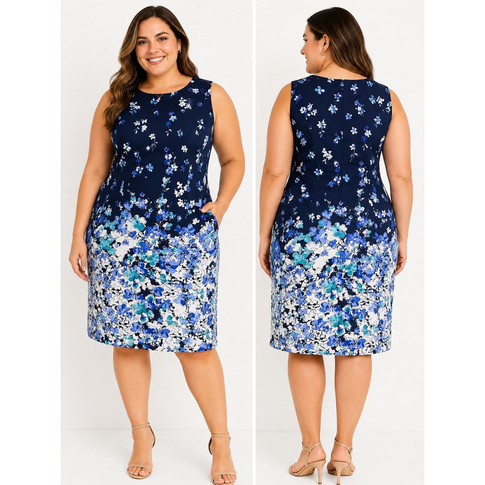 ALYX Navy Blue Floral Sleeveless Sheath Dress Size 16 Round‎ Neck Back Zip
